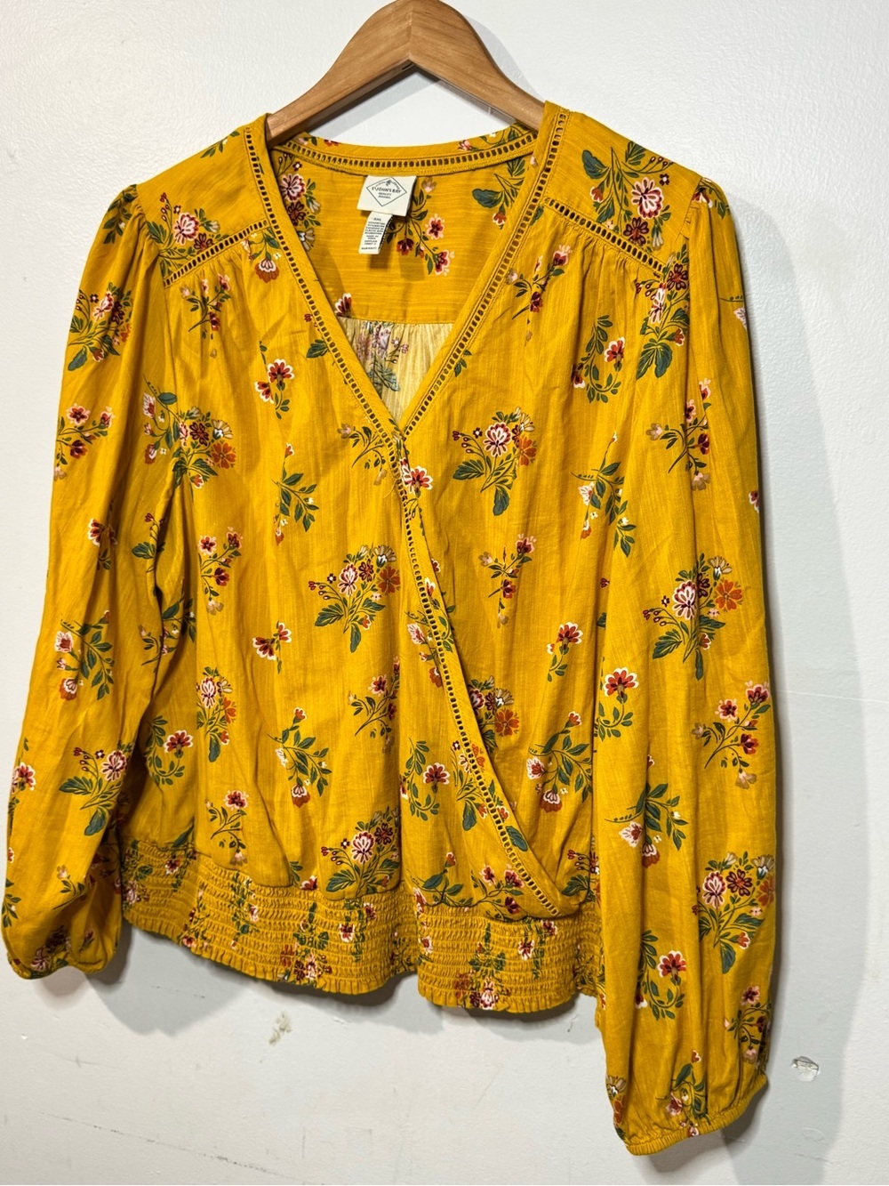 St. John's Bay Mustard Floral Wrap Blouse - Picture 2 of 9